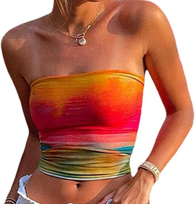 Women Y2k Floral Tube Tops Flower Print Strapless Sleeveless Bandeau Tops Summer Going Out Croppe... | Amazon (US)