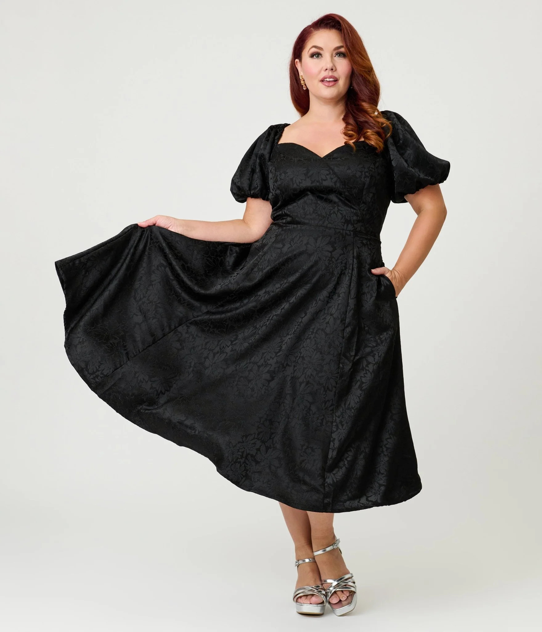 Unique Vintage Plus Size Black Floral Jacquard Sweetheart Swing Dress | UniqueVintage