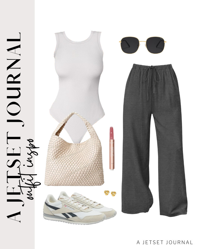 You can use Reebok’s Classic AZ Legacy sneakers for this combo of a bodysuit and gray Sampeel wide-leg pants. CHIC & ARTSY earrings and a woven tote bag fit this look perfectly!

#LTKSeasonal #LTKSaleAlert #LTKTravel
 

 