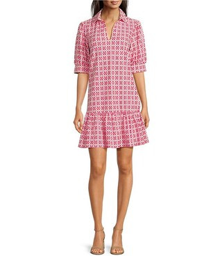 Tierney Terrace Geo Print Knit Point Collar V-Neck Short Puff Sleeve Drop Waist Flounce Hem Dress | Dillard's