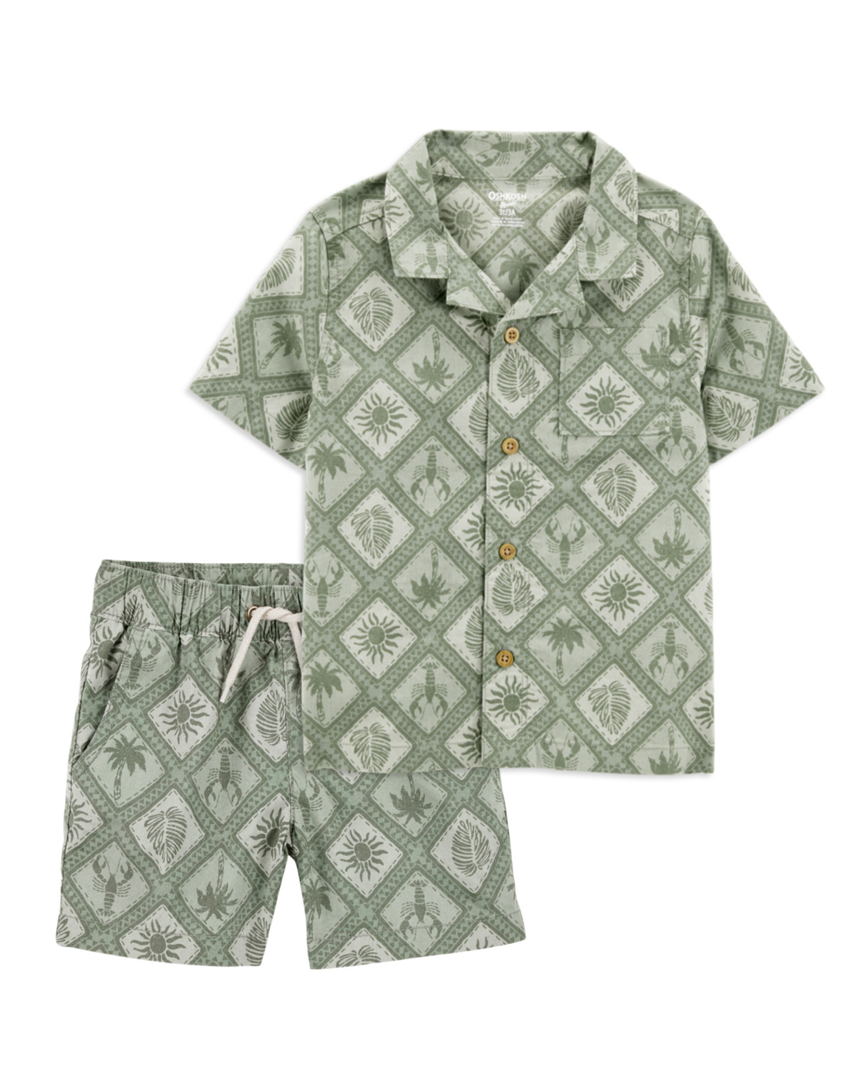 Toddler 2-Piece Tile Print Button-Down Shirt & Drawstring Shorts Set - Green | Carter's | Carter's Inc