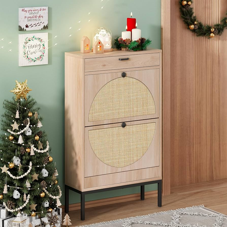 Yechen Shoe Rack Storage Organizer with 2 Natural Semi-Circular Rattan Doors, Entryway Wooden Sho... | Amazon (US)