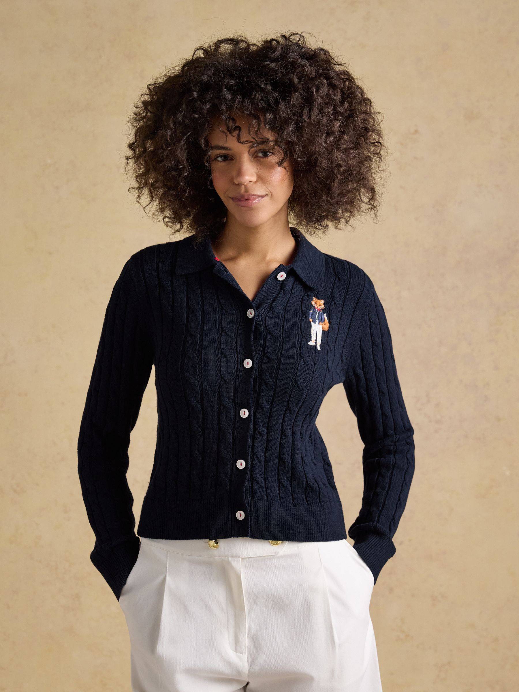 Navy Jonty Fox Embroided Cotton Cable Knit Cardigan | Joules | Joules