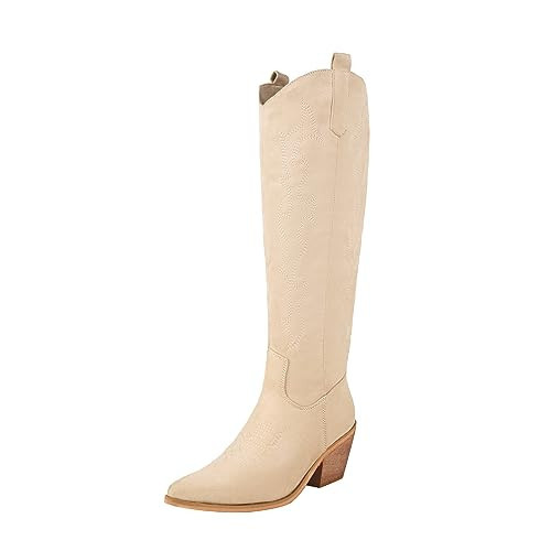 Reitoye Cowboy Boots for Women Embroidery Western Cowgirl Knee High Chunky Heel Boots with Pull-Up Tabs Size 9.5 | Amazon (US)
