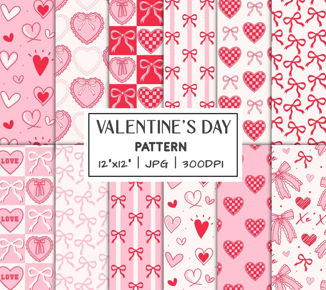 Valentine's Day Digital Paper, Seamless Pattern File, Coquette Bow Background, Pink and Red Heart... | Etsy (US)