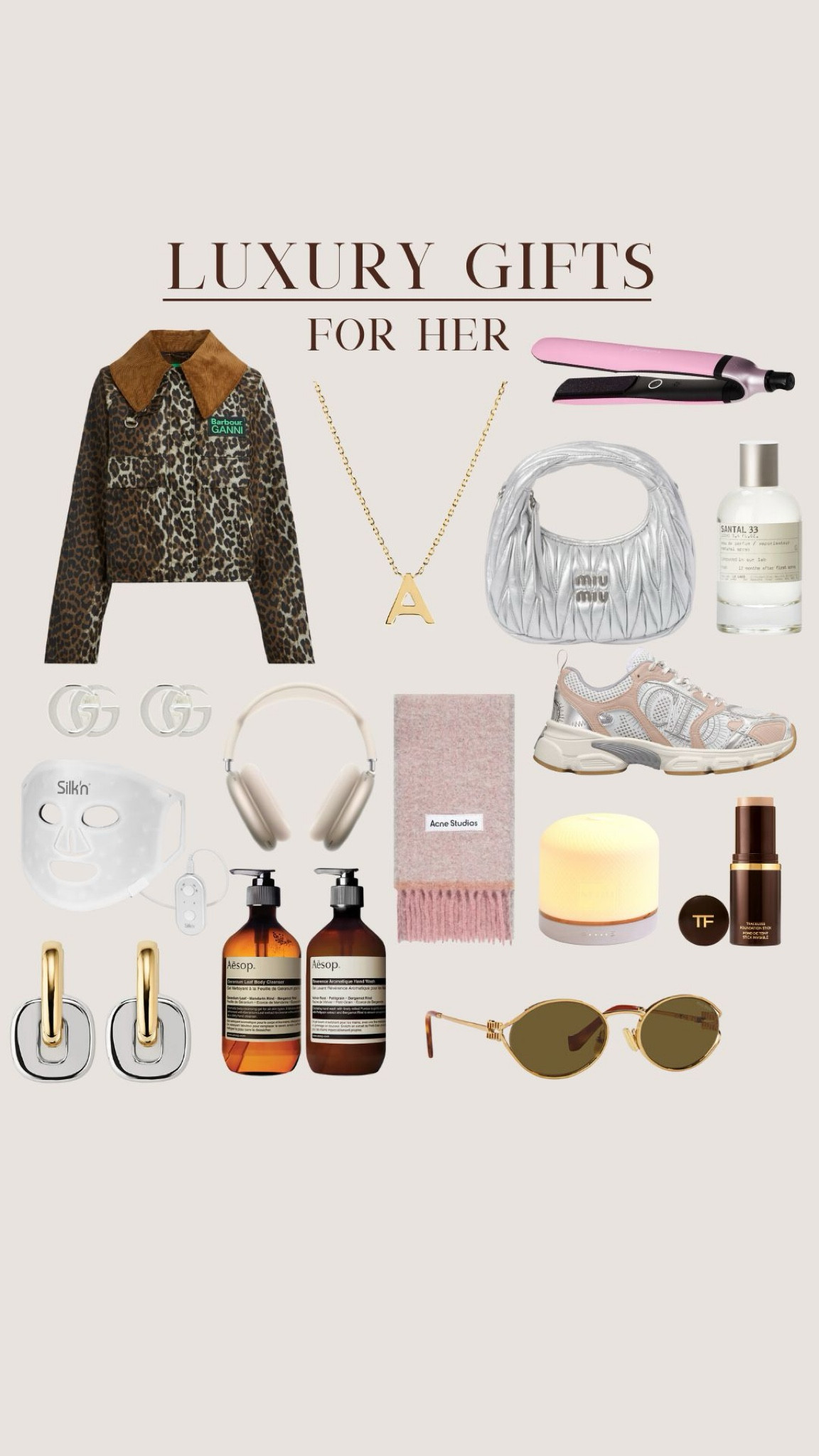 Luxury gifts for her 🫶🏼

Aesop, Miu Miu sunglasses, two tone earrings, Gucci, Barbour, Dior trainers, perfume, GHDs

#LTKgiftguide #LTKluxury #LTKuk