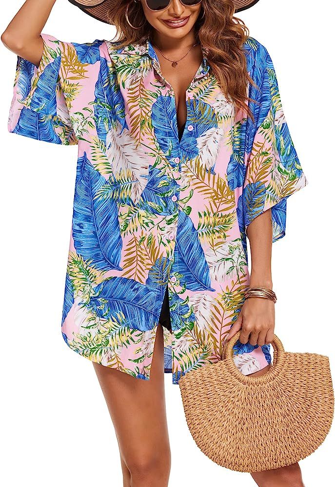 AI'MAGE Women's Swimsuit Cover Up Button Down Beach Coverups Shirt Bikini Cover Dress (S-XXL) | Amazon (US)