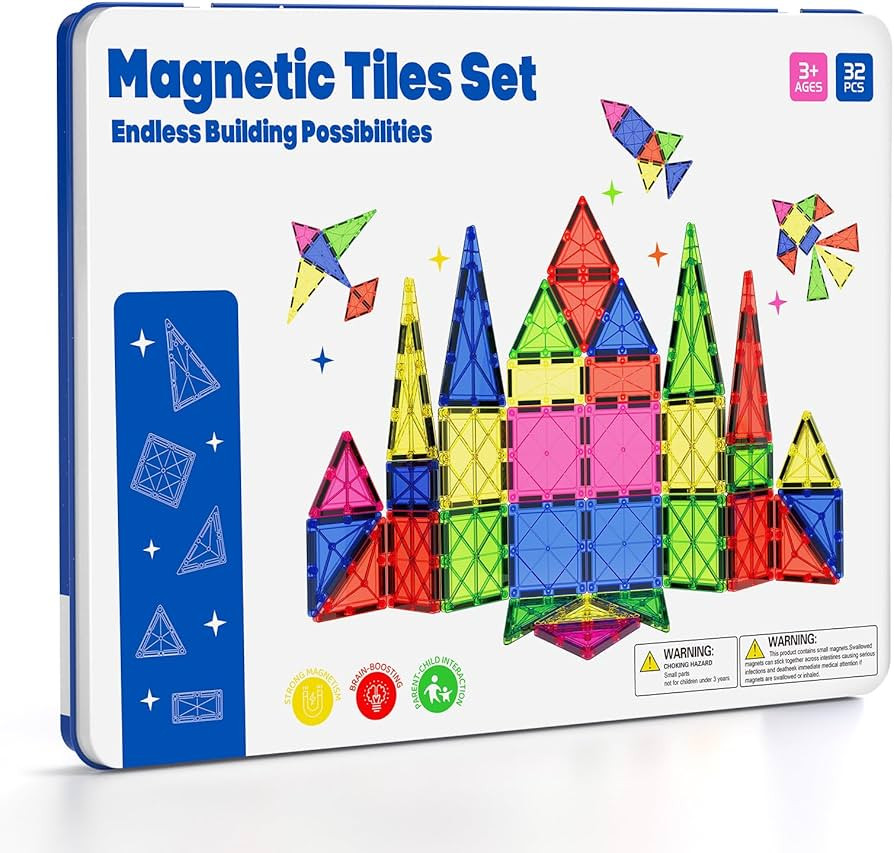 Jumbo Magnetic Tiles with Secure Metal Case, 32 Pcs Large Magnetic Building Blocks for Kids 3-8, ... | Amazon (US)
