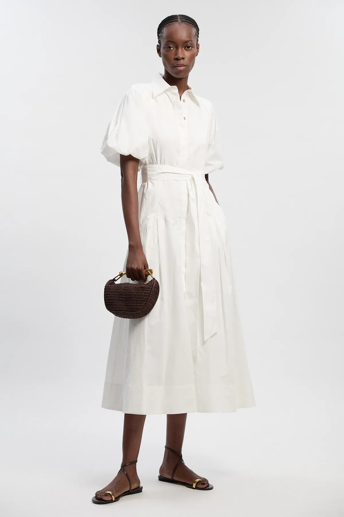 Petite Cotton Puff Sleeve Woven Midi Shirt Dress With Dropped Waist Detail | Karen Millen