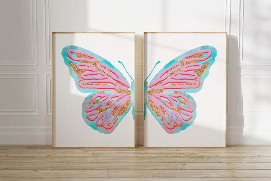 girly split butterfly wall art set room decor for teens, pastel wall art baby girl nursery wall d... | Etsy (US)
