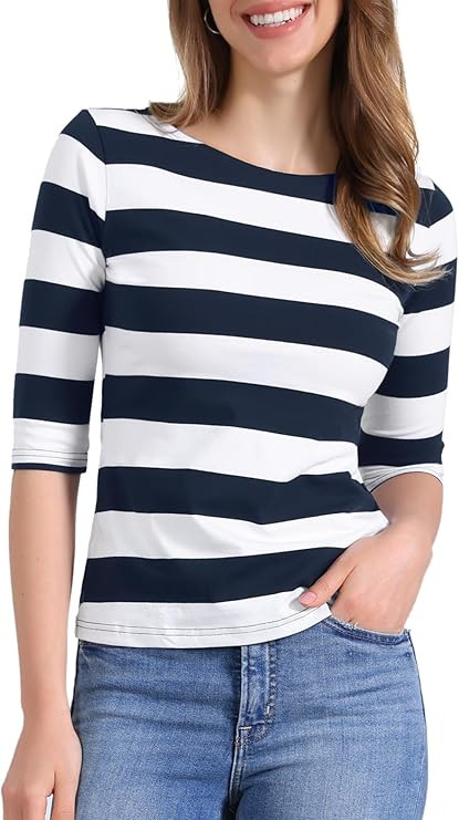 Allegra K Women's Striped Shirt Elbow Sleeve Slim Fit Tops Casual Basic Boat Neck Top | Amazon (US)