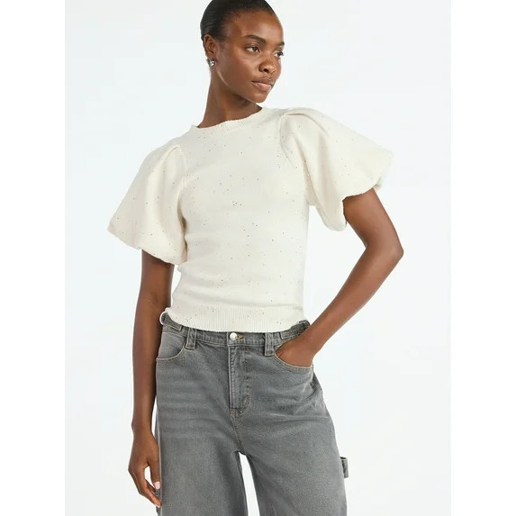 Scoop Women's and Women's Plus Sequin Sweater Top with Puff Sleeves, Lightweight, Sizes XS-4X | Walmart (US)