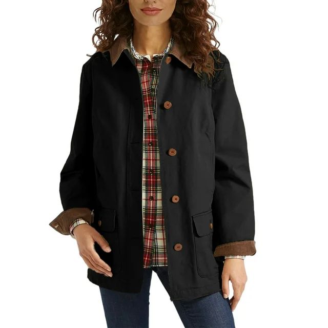 Women's Fall Winter Button Sherbet Cotton Lined Barn Jacket Pocket Trench Coat with Corduroy Deta... | Walmart (US)