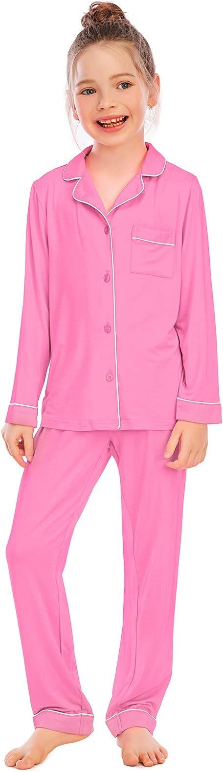 Veseacky Unisex Girls Boys Pajamas Long Sleeve Sleepwear Button-Down 2 Pcs Pjs Set for 5-14 Years | Amazon (US)