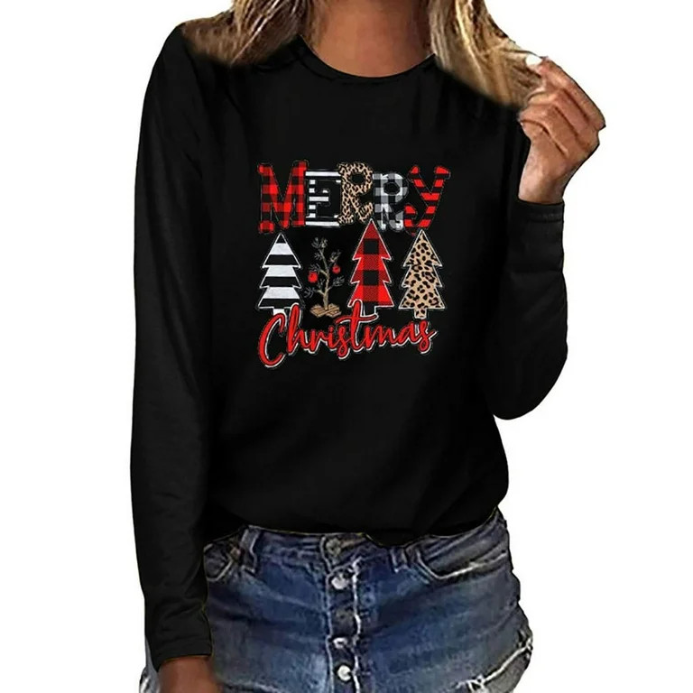 Christmas GiftsGATXVG Women's Merry Christmas Shirts Funny Leopard Plaid Tree Graphic Cute Long S... | Walmart (US)