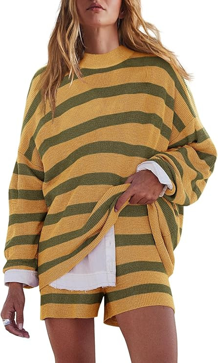 LAMISSCHE Womens Oversized Lounge Sets 2 Piece Outfits Striped Matching Pajama Set Long Sleeve Sw... | Amazon (US)