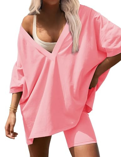 Ekouaer Womens 2 Piece Lounge Set 2025 Summer Outfits Oversized V Neck Tshirts Biker Short Comfy Airport Loungewear Orange Pink, Large | Amazon (US)