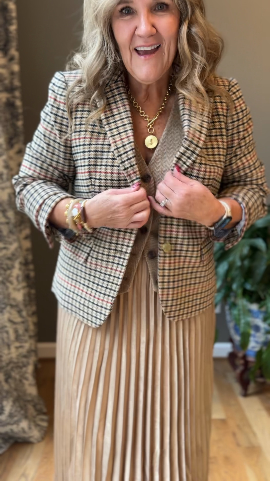 Wearing this afternoon  day 2 of #ltkcon

Metallic pleated skirt size 10 it is BEAUTIFUL 
Blazer size 12 petite 
Vest size 10 
Shoes are VERY comfy and true to size. French girl inspired! 
Necklace is reversible 
Love mixing my Allie+Bess jewelry with my gold jewelry. Use code NANETTE20 for 20% off your order 
Sezane skirt leather Mary Jane’s tweed blazer JCREW factory vest 

Classic modern style gold jewelry 

#LTKOver40 #LTKMidsize #LTKWorkwear