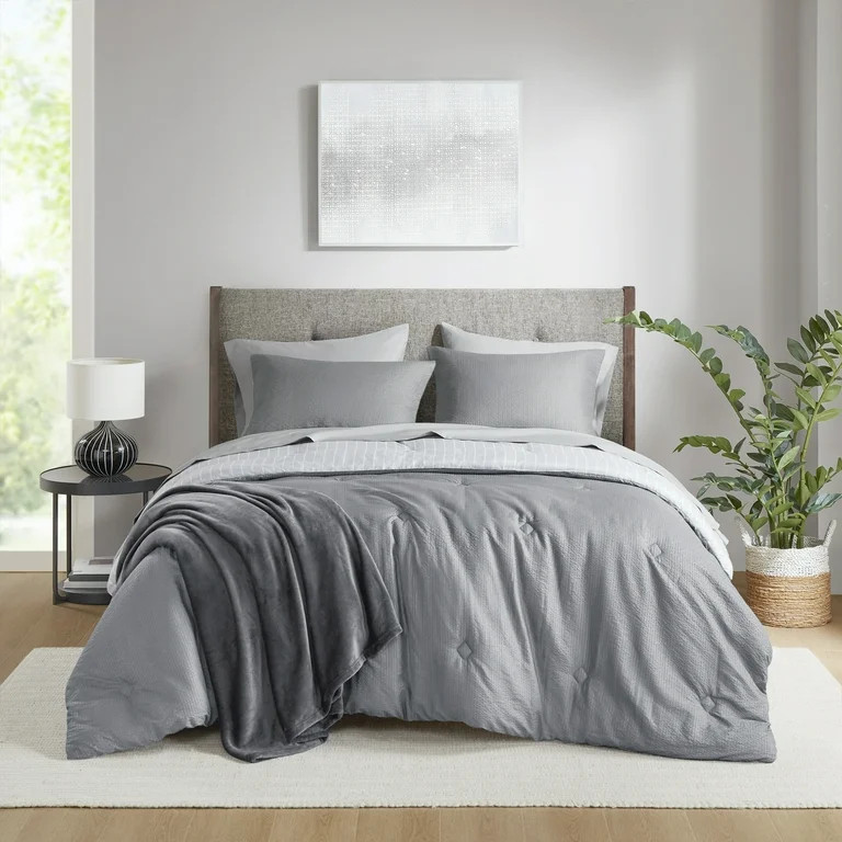 Mainstays 8-Piece Bed in a Bag Comforter Set with Sheets and Blanket, Grey, Queen | Walmart (US)