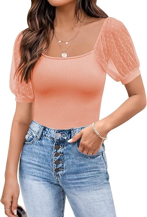 WAYMAKER Women's Sexy Scoop Neck Polka Dot Sheer Puff Mesh Sleeve Ribbed Bodysuit Tops Shirts | Amazon (US)