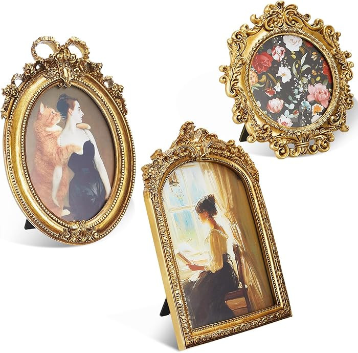 Thyle 3 Pcs Gold Vintage Picture Antique Resin Photo Frame Set Rectangle Ornate Antique Picture F... | Amazon (US)