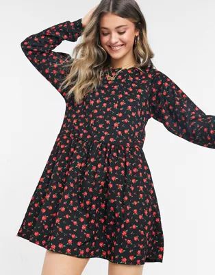 Miss Selfridge mini smock dress in rose print | ASOS (Global)