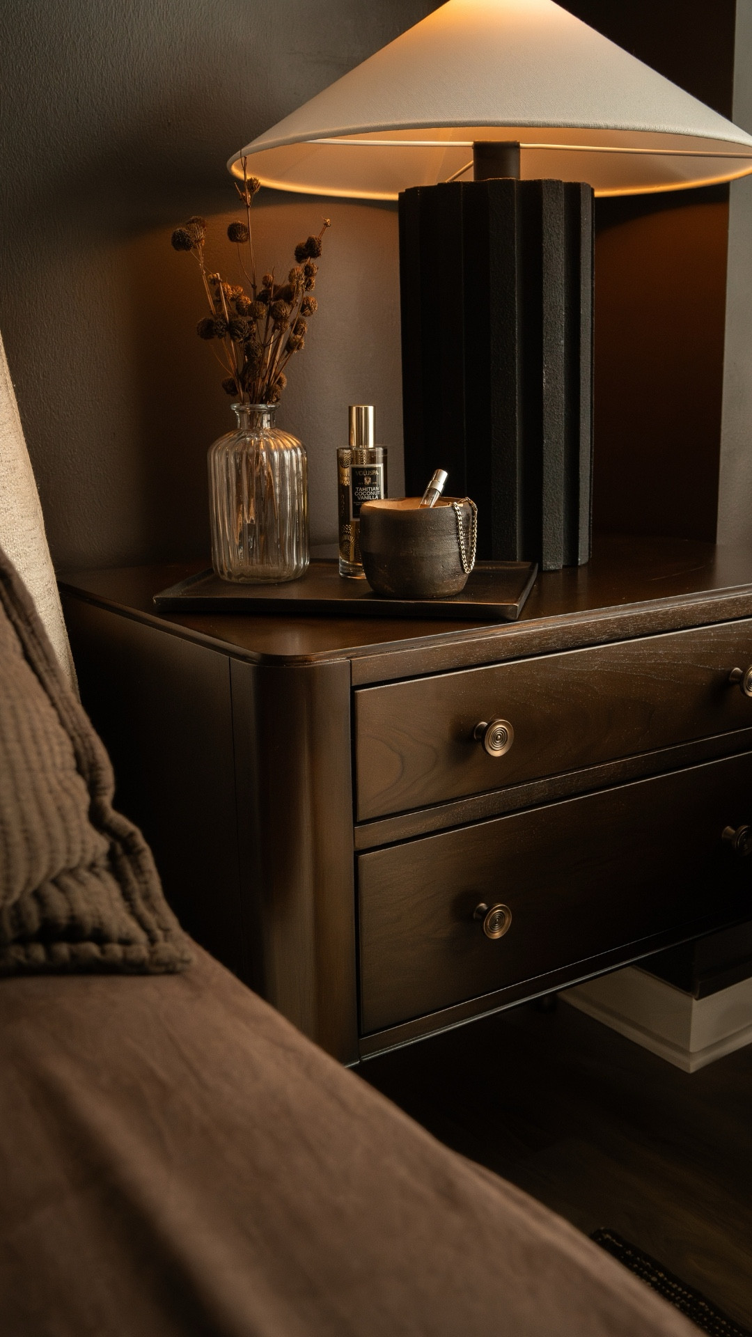 In love with these new nightstands in my moody bedroom! Gorgeous wood stain, soft close drawers and hand patinaed brass. 🤌🏼

#LTKHome #LTKSeasonal #LTKMens
