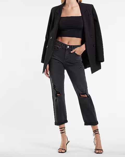 Mid Rise Black Ripped Rolled Hem Boyfriend Jeans | Express