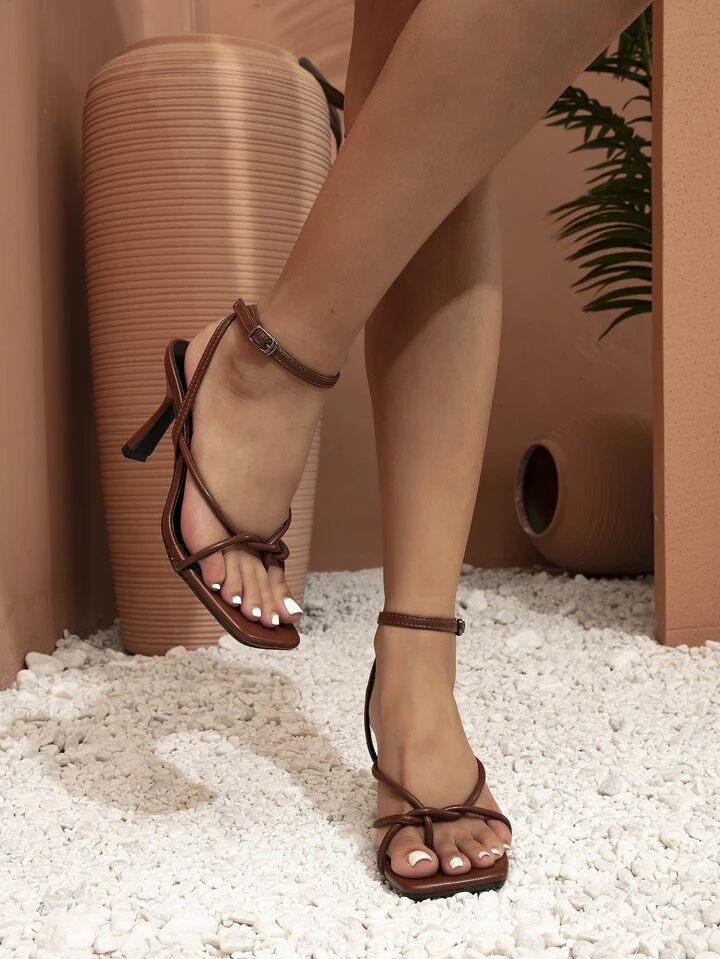 Women Minimalist Stiletto Heeled Ankle Strap Thong Sandals, Fashion Summer Heeled Sandals | SHEIN