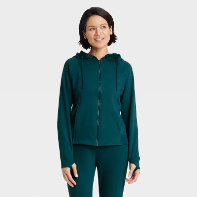 Women's Fleece Full Zip Hooded Sweatshirt - All in Motion™ Navy Teal M | Target