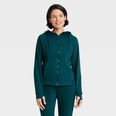 Women&#39;s Fleece Full Zip Hooded Sweatshirt - All in Motion&#8482; Navy Teal M | Target