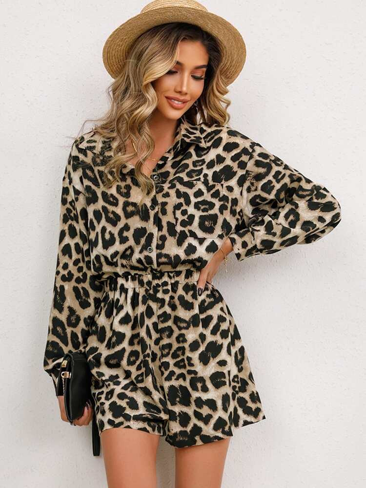 SHEIN Frenchy Leopard Print Patched Pocket Button Front Romper | SHEIN