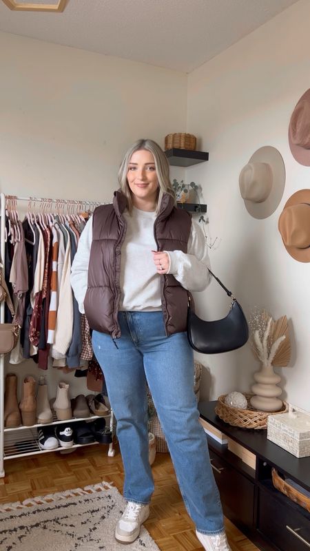 Midsize fall to winter transition outfit - basic sweatshirt (size L tall), brown puffer vest (size L), Abercrombie 90s straight jeans (size 32), black shoulder bag, neutral sneakers 


#LTKmidsize #LTKSeasonal #LTKVideo