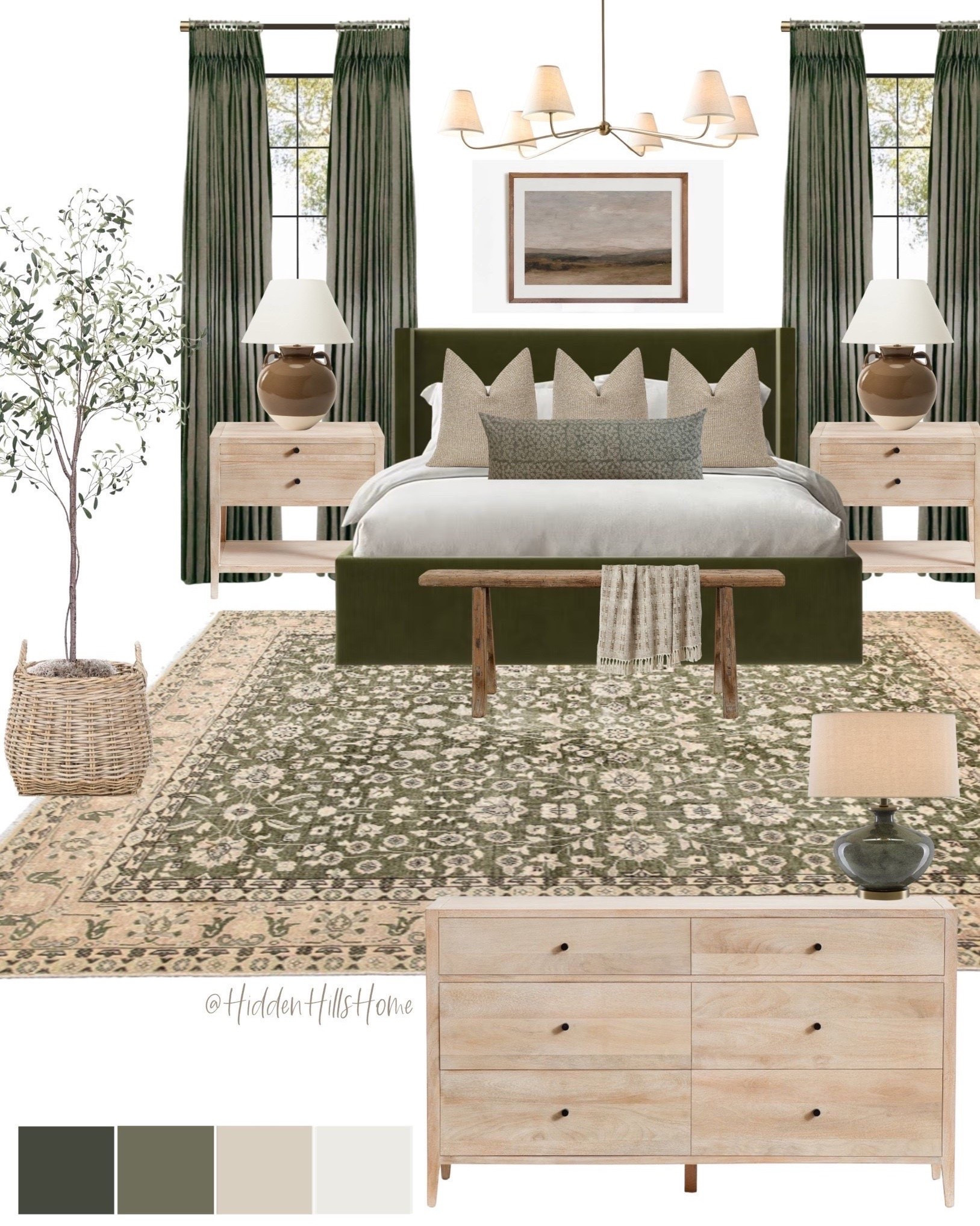 Master bedroom decor mood board, bedroom design, home decor ideas, bedding, nightstands, bedroom rug, home inspiration, curtains, primary bedroom 

Bed: @Quince 
Rug/Table Lamps: @mcgeeandco 
Pillows: @Etsy 
Curtains: @TWOPAGES