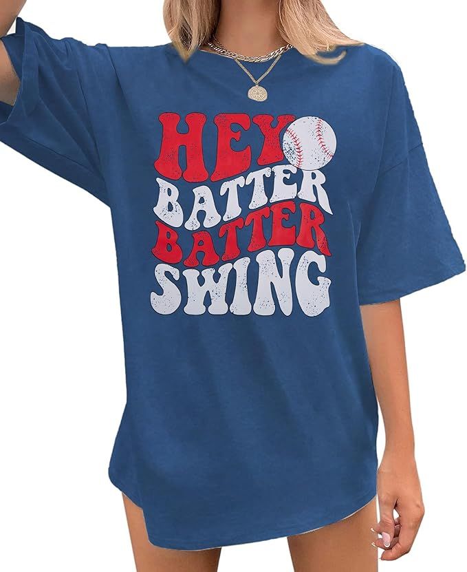 Baseball Mom Shirt Womens Baseball Shirts Oversized Hey Batter Batter Swing Graphic Tee Ballpark ... | Amazon (US)