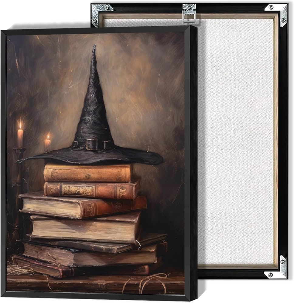 HQPCNGZ Vintage Witch Hat On Old Books Posters Spooky Halloween Canvas Wall Art Funny Gothic Dark... | Amazon (US)