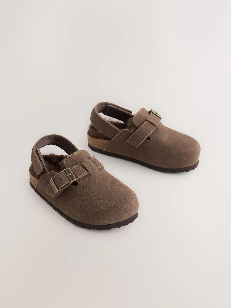 Chocolate Brown Leather Faux Fur Lined Clog Shoes | Next US