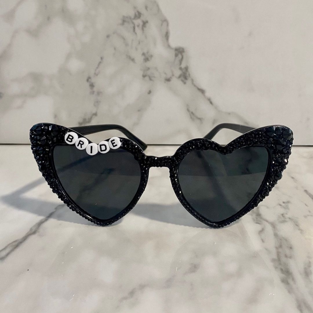 Heart Shaped Black Rhinestone Bridal Sunglasses | Black Bachelorette Decor | Honeymoon Gift | For... | Etsy (US)