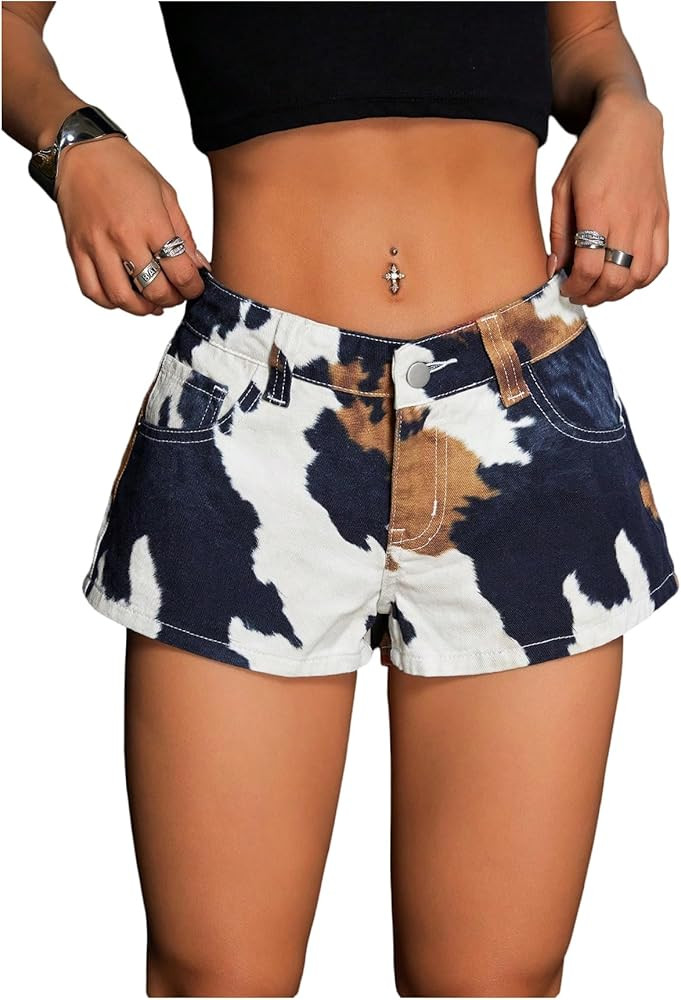 Floerns Women's Cow Animal Print Low Waist Denim Shorts Straight Leg Western Concert Jean Shorts | Amazon (US)