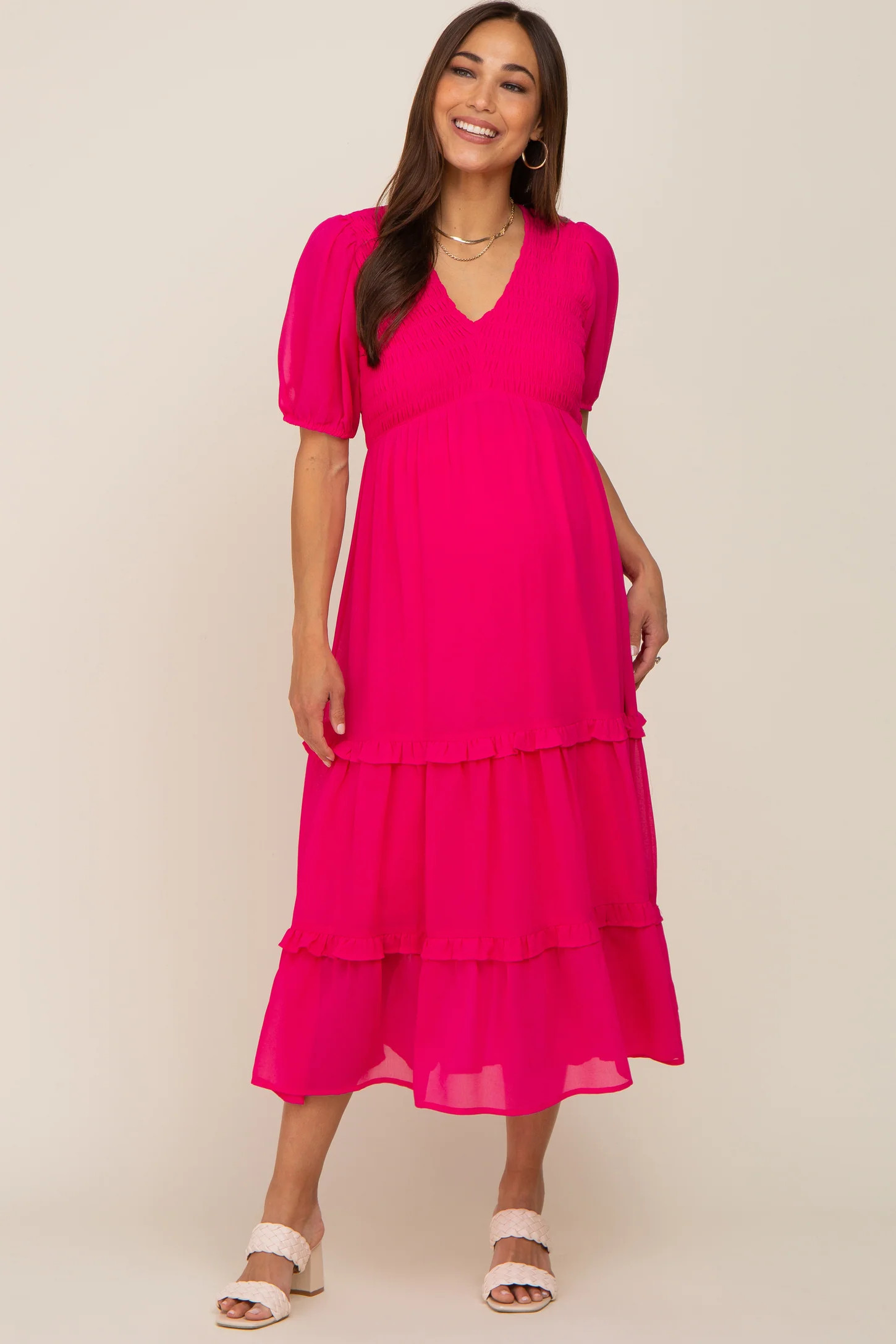 Fuchsia Chiffon Smocked V-Neck Ruffle Tiered Maternity Midi Dress | PinkBlush Maternity