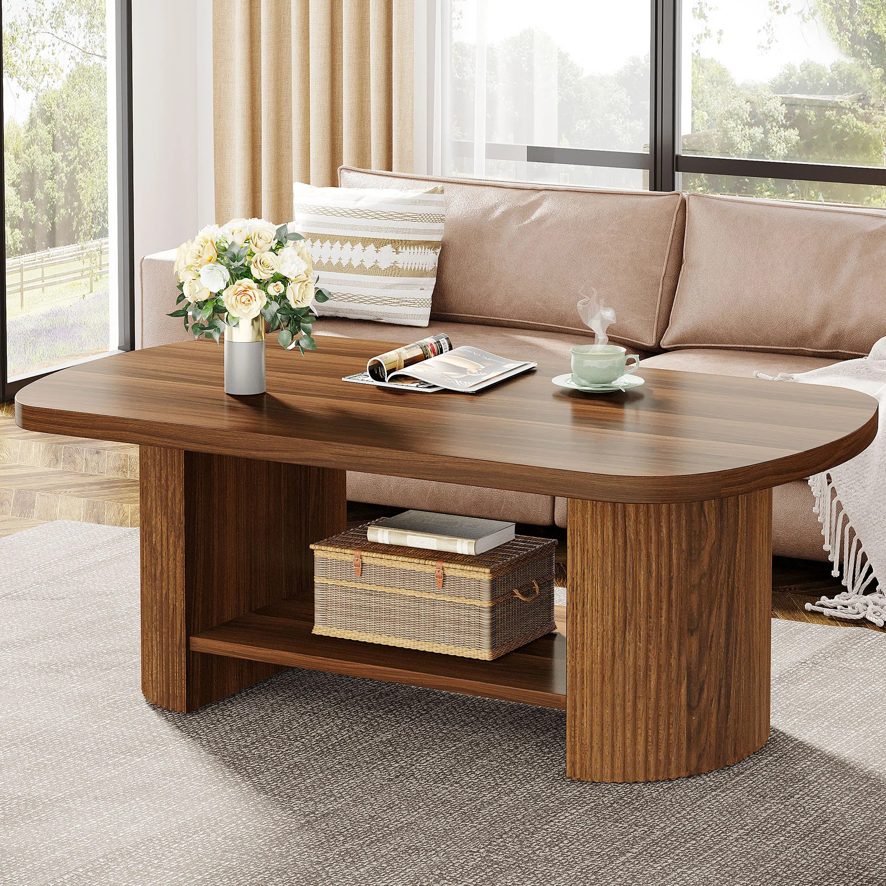 45.27" Oval Coffee Table With Storage, Mid-Century Modern 2-Tier Center Table For Living Room | Wayfair North America
