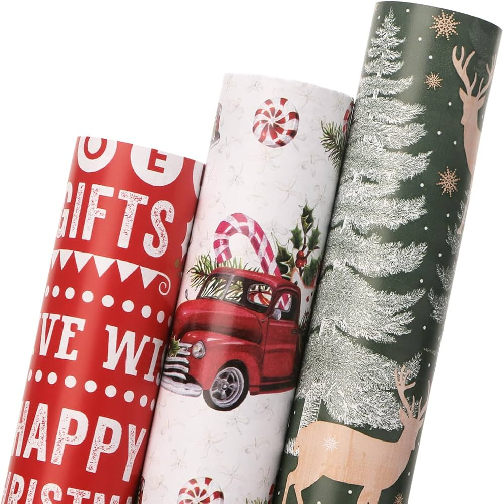 Ribbli Christmas Wrapping Paper 3 Rolls Red Truck Reindeer Christmas Tree Printed Assortment - Mi... | Amazon (US)