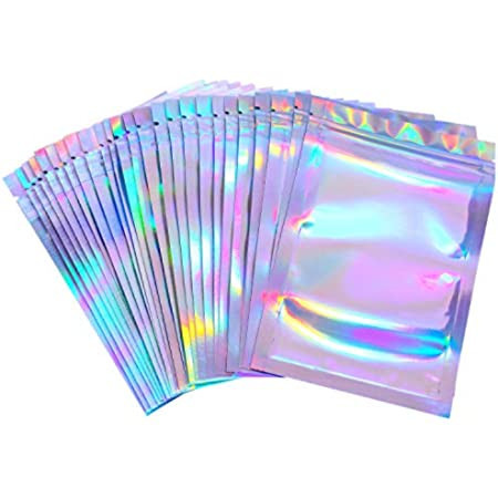 50pcs Holographic Mylar Bags 5.5x7.8 inch, Resealable Foil Ziplock Pouch Smell Proof Baggies for Pac | Amazon (US)