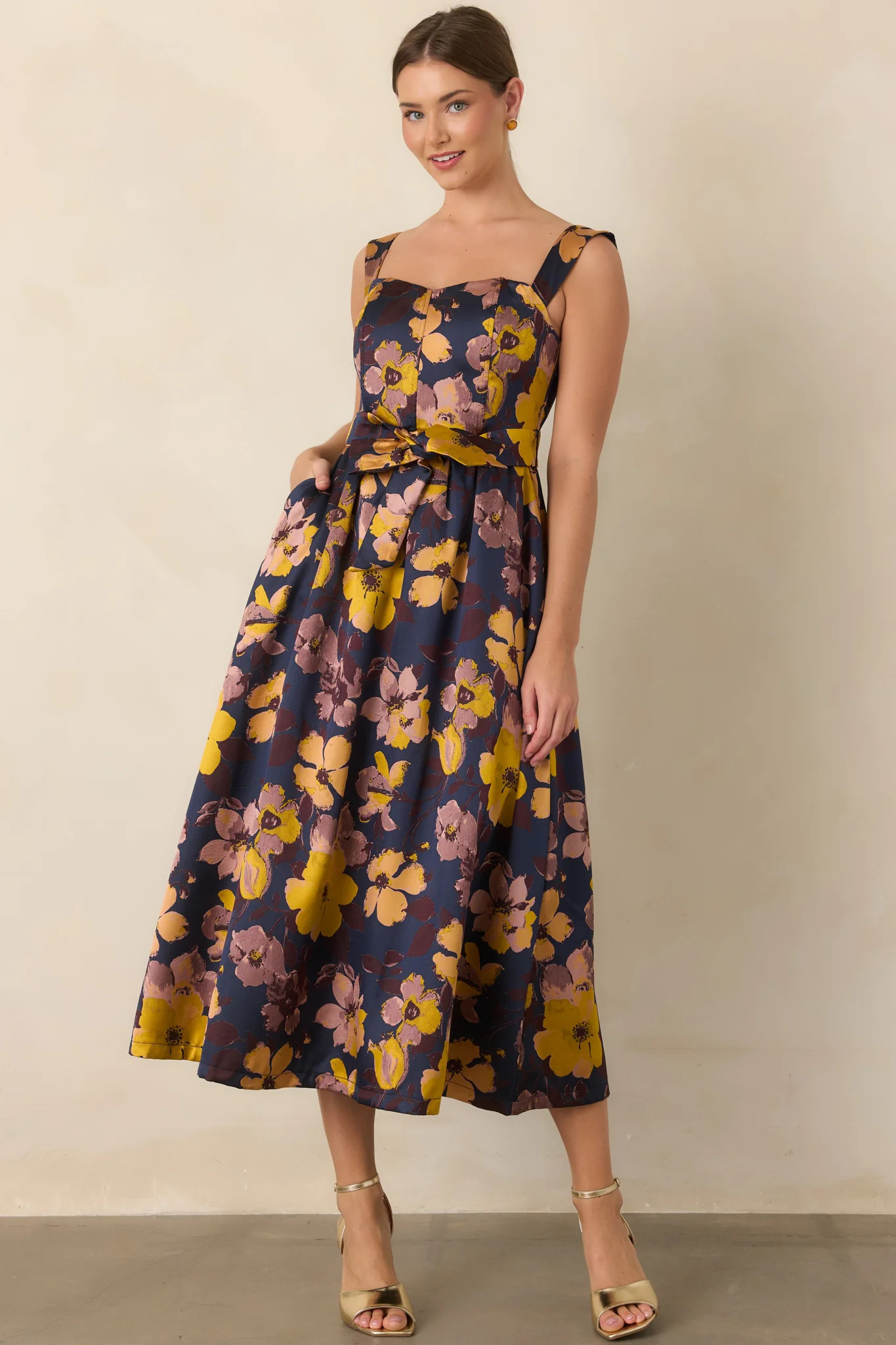 A Formal Arrangement Navy & Marigold Floral Tie-Waist Midi Dress | Red Dress