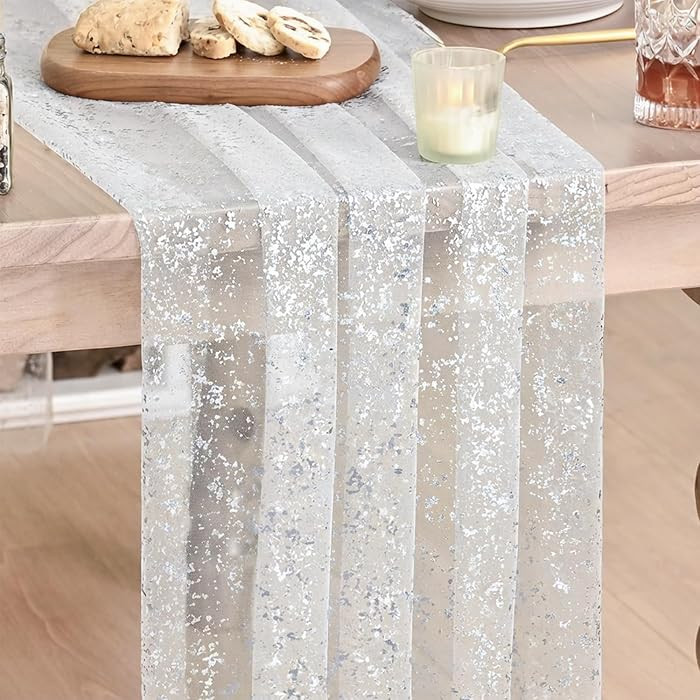 Artoid Mode White Silver Gauze Table Runner 120 Inch 10FT, Glitter Metallic Foil Sheer Dining Hol... | Amazon (US)