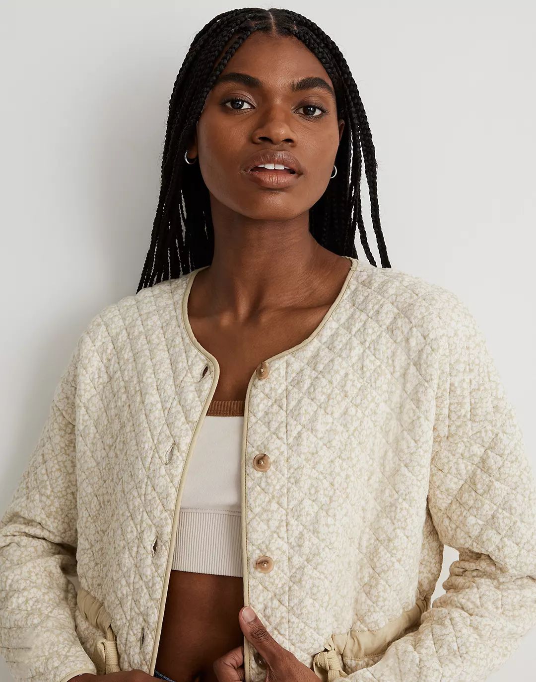 Quilted Jacquard Snap-Front Collarless Jacket in Daisy Blooms | Madewell