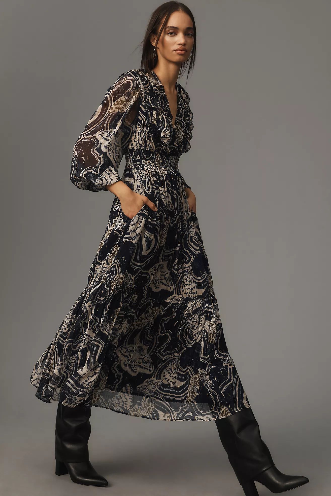 Printer Johnson Long-Sleeve V-Neck Textured Midi Dress | Anthropologie (US)