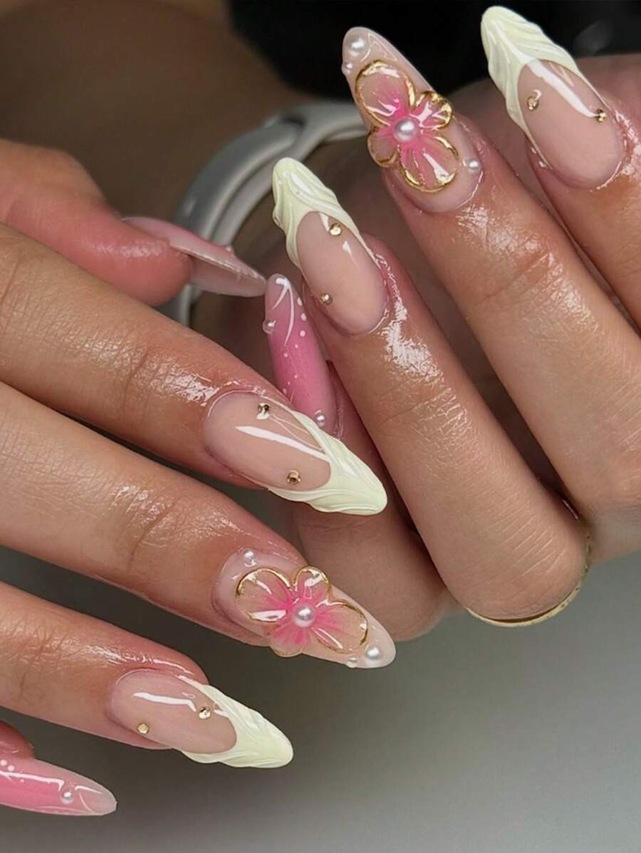 Pure Handmade Nails French Tip Pink Floral 3D Wave 3D Flower Nails Yellow Nails Almond Press On N... | SHEIN