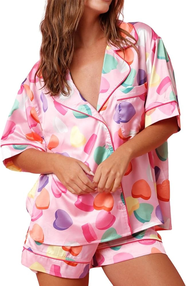 Women Satin Pajamas Shorts Sets Y2k Silk PJs 2 Piece Outfits Collar Long Sleeve Button Down Shirt... | Amazon (US)