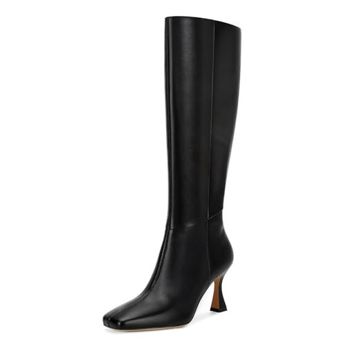 Dsevht Wide Calf Knee High Boots for Women Black Leather Stiletto Kitten Heeled Sexy Tall Long Fall Boots Square Toe Side Zipper Fashion Going Out Boots | Amazon (US)